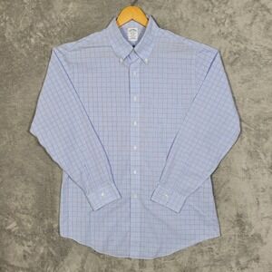 Brooks Brothers Shirt Mens 16-34 Blue White Plaid Button Down Regent Long Sleeve
